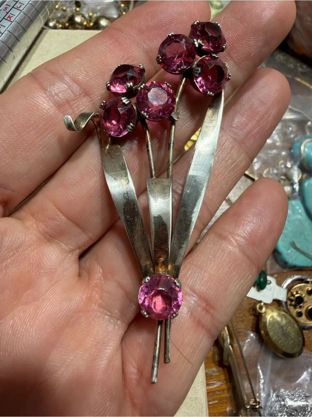 Vintage sterling silver floral crystal brooch